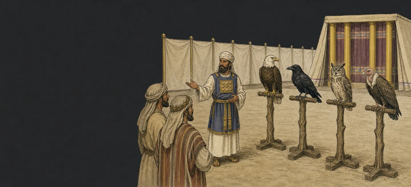 An eagle, a raven, an owl and a vulture perched on posts while a priest addresses onlookers.