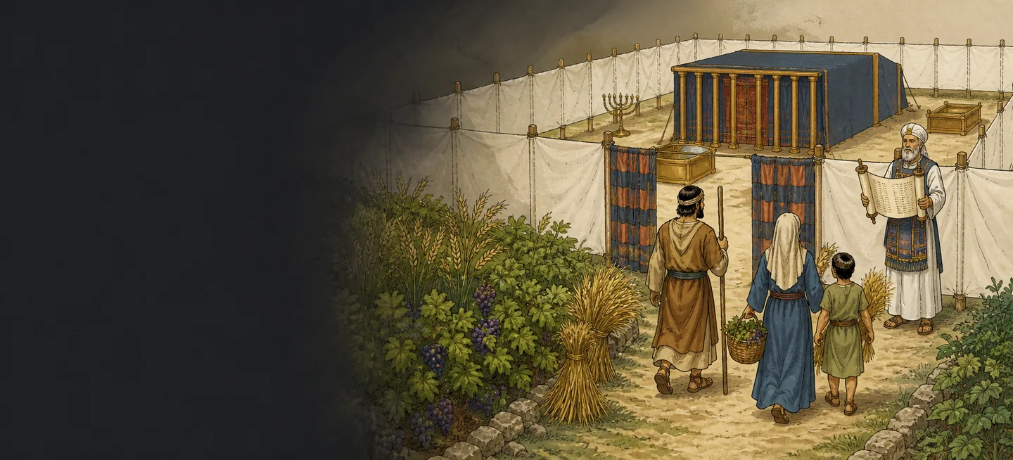 A family walking from ripe fields and stacked sheaves toward the tabernacle court, where a priest reads from a scroll at the gate.