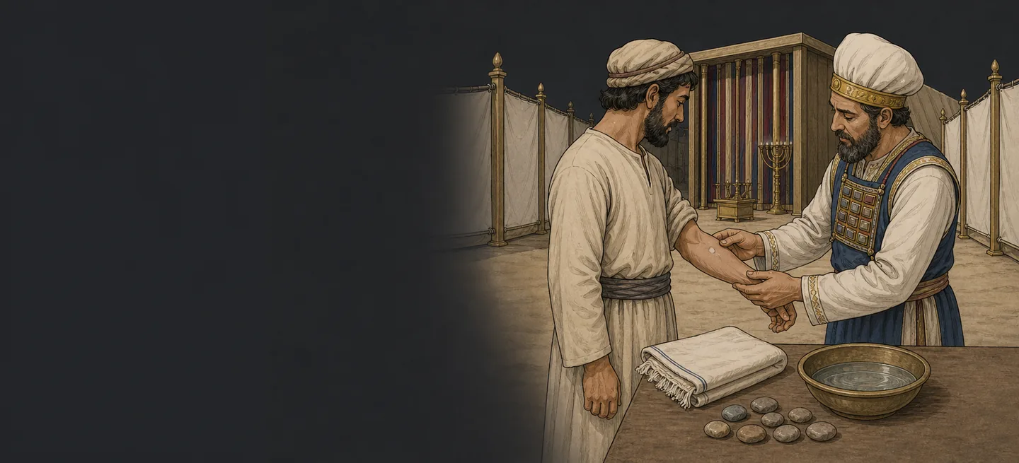 A priest examining a pale mark on a man’s forearm in the tabernacle courtyard.