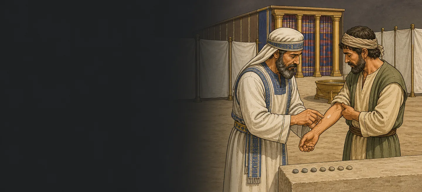 A priest and a man bending together over a bronze basin, examining a mark on his skin.