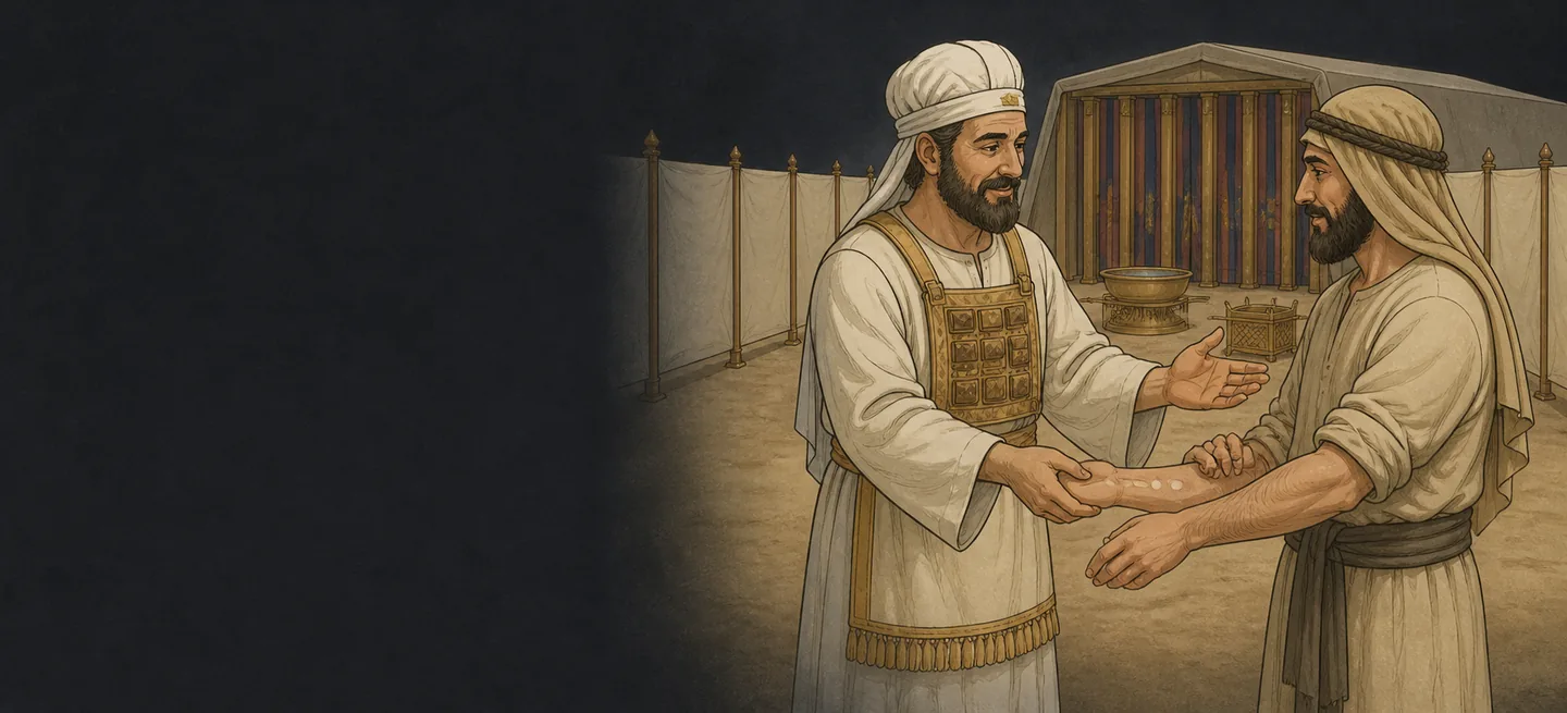 A priest speaking with an open hand to a man, sending him away clean.