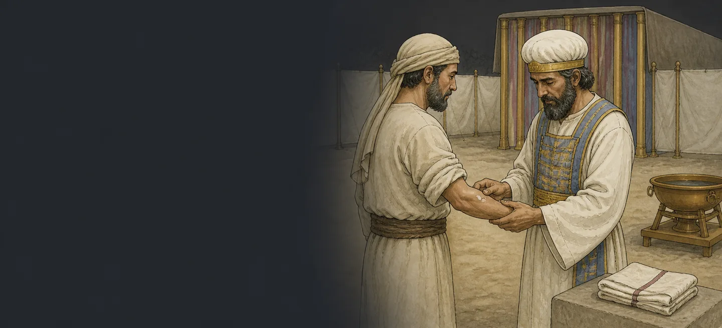A priest and a man looking together at his arm, the tabernacle behind them.