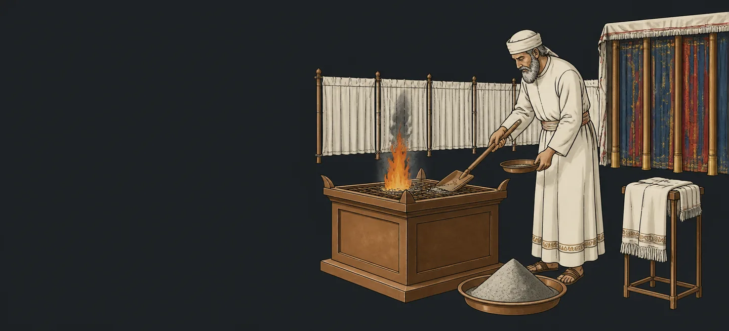 A priest in linen feeding wood to the altar fire at dawn, ashes gathered beside it.