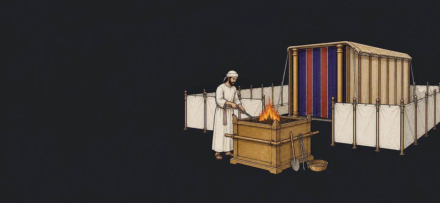 A priest at the bronze altar in the courtyard of the Mosaic tabernacle, its linen curtains and striped veil behind him.