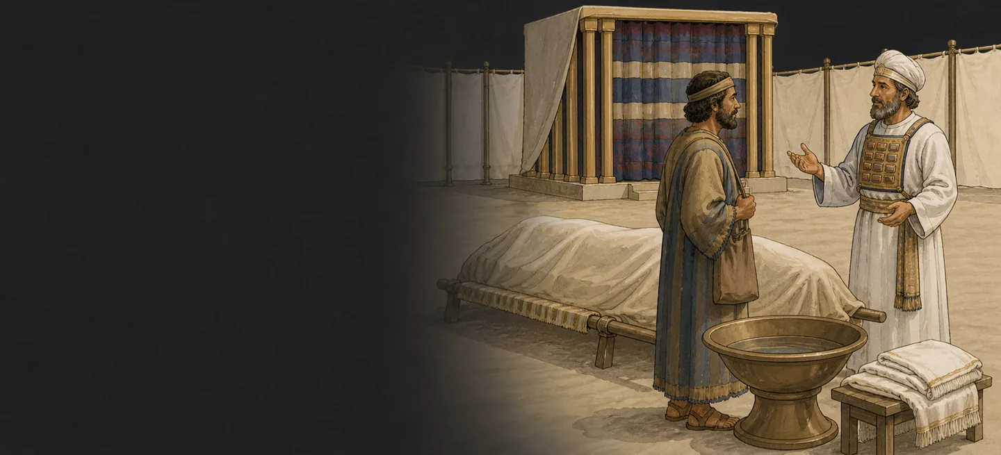 A priest speaking with a man beside a covered carcass in the tabernacle courtyard.