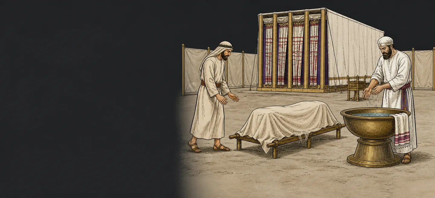 A man washing his hands over a basin beside a covered carcass in the tabernacle courtyard.