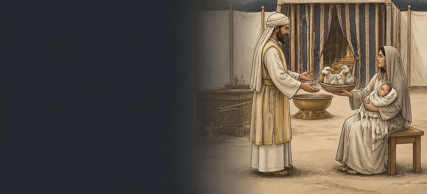 A priest receiving a basket of offerings from a woman holding her newborn at the entrance of the tabernacle.