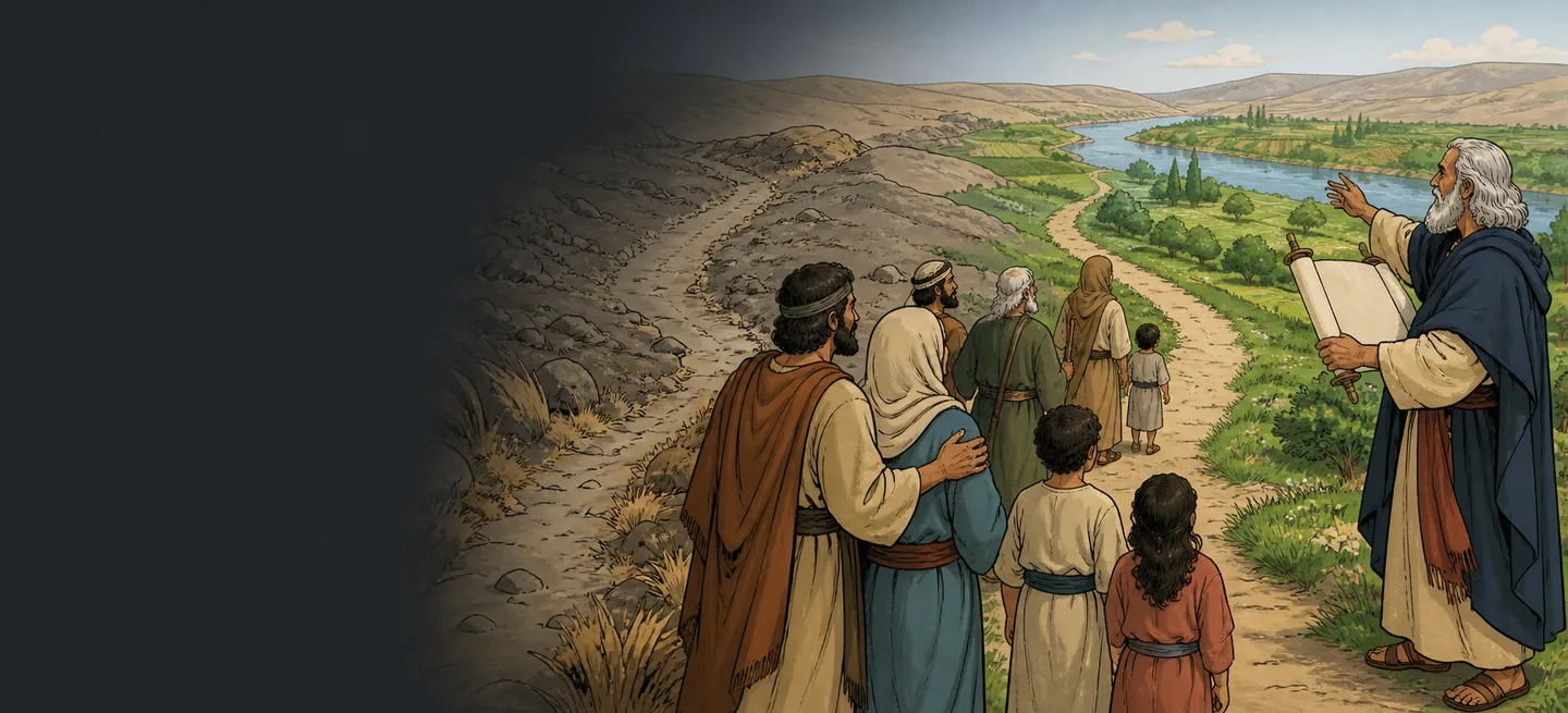 A family halted at a fork in the road, one way stony and grey, the other green along a river, while an old man with a scroll gestures toward the green.