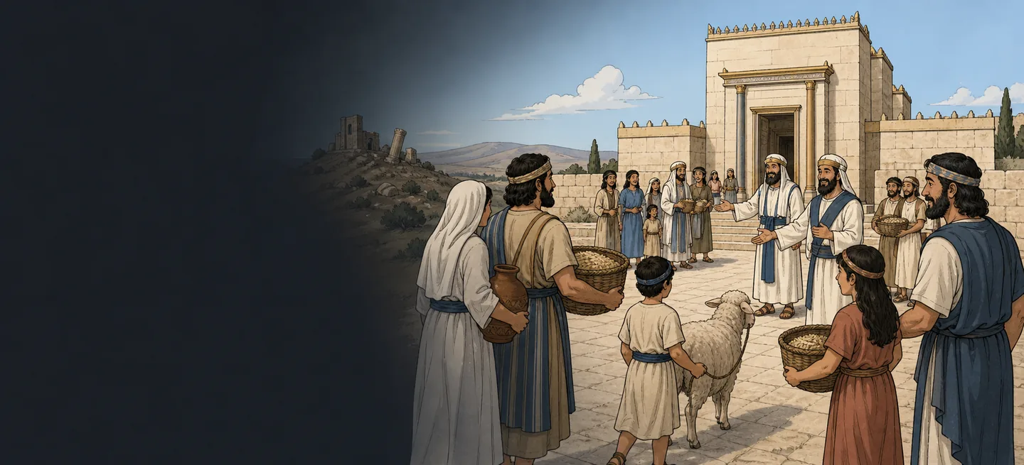 Families carrying baskets and leading a lamb across a paved court toward priests at the sanctuary gate, a ruined hilltop shrine in shadow behind them.