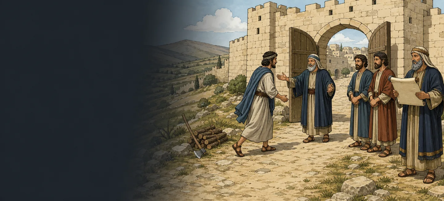 A man hurrying up a road toward an open city gate where an elder reaches out to receive him, an axe lying by a woodpile behind him and three men waiting inside the gate with a scroll.