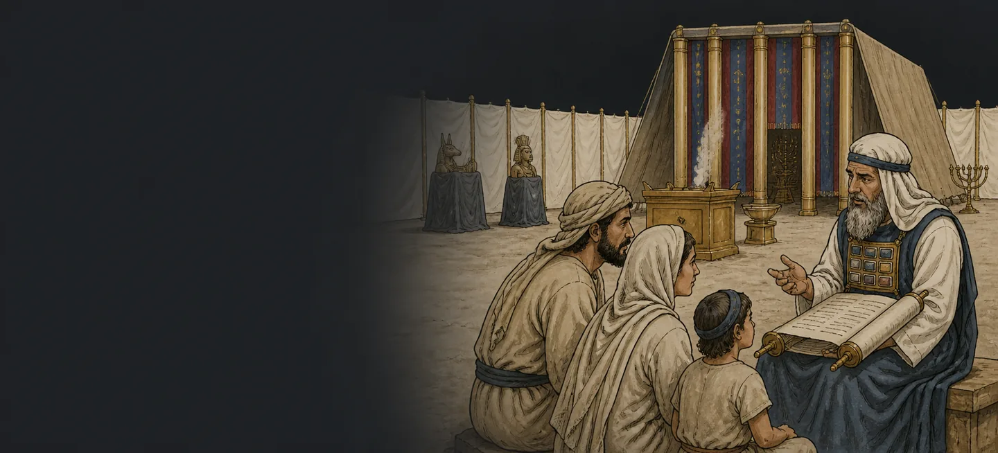 A priest instructing a family before the tabernacle, Egyptian idols standing on tables behind them.