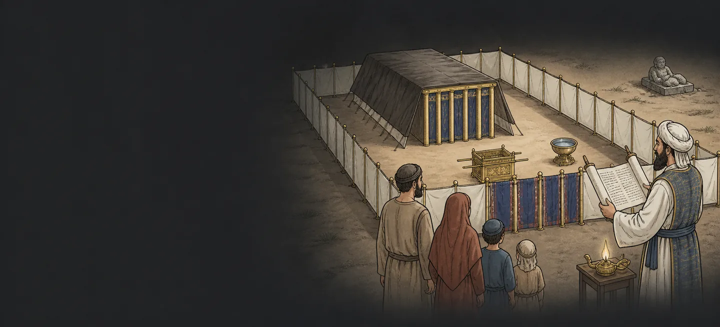 A family standing at night before the tabernacle enclosure as a priest reads from a scroll, a small stone idol on its pedestal outside the fence.