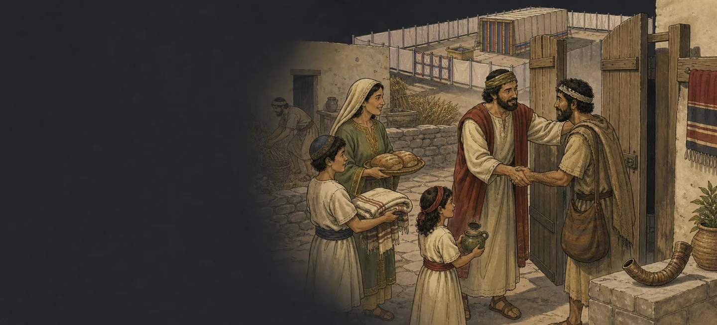 A man welcoming another at the gate of his house, a woman bringing bread out to them.