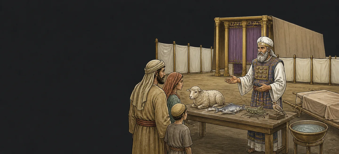 The high priest teaching a family beside a sheep outside the tent of meeting.