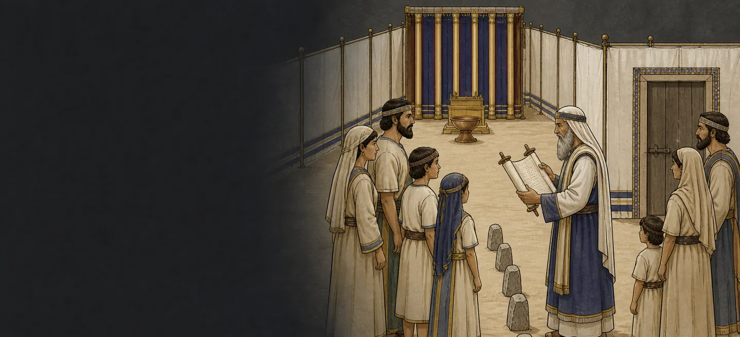 A priest reading from a scroll to a gathered family beside a doorway in the courtyard.