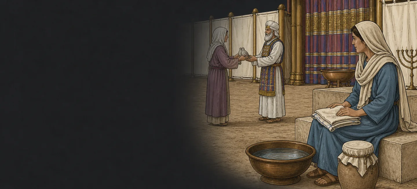 A priest receiving two doves from a woman in the tabernacle courtyard while another waits.