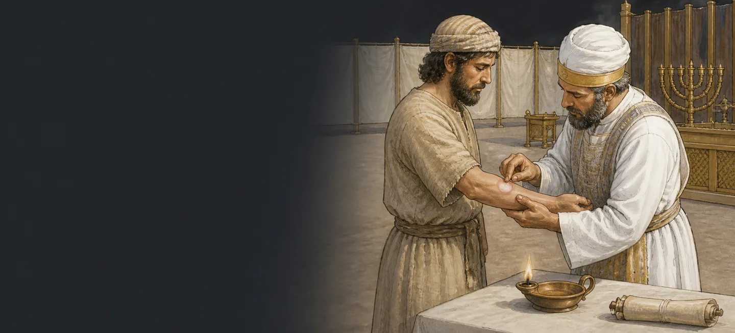 A priest holding a man’s hand and examining a mark on his skin, the lampstand standing behind them.