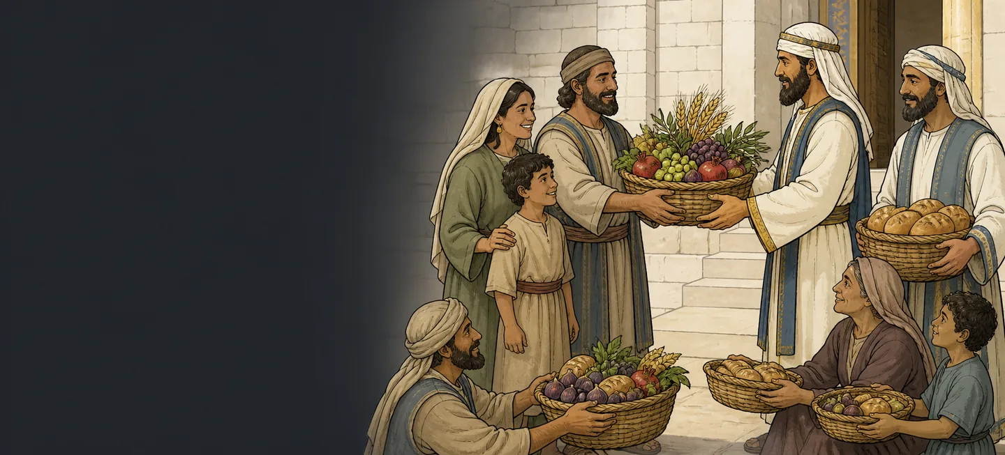 A family handing a basket heaped with grain, grapes and pomegranates to a priest on the sanctuary steps, others waiting behind with baskets of bread and figs.