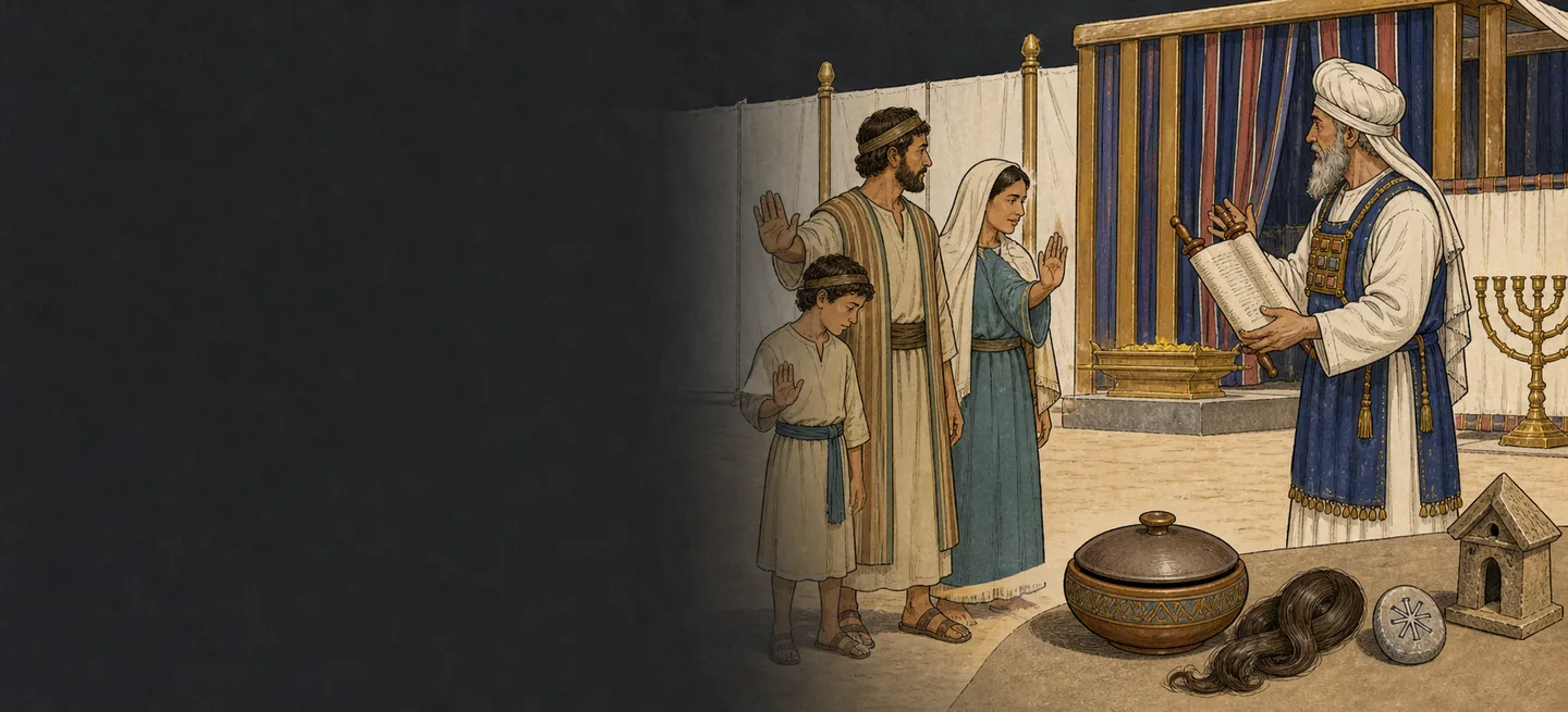 A priest holding an open scroll before a family who raise their hands in refusal.