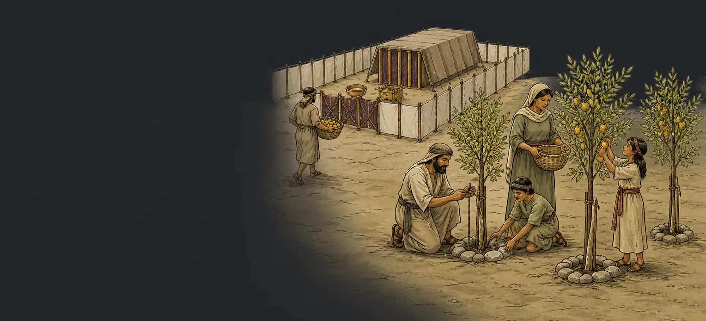 A family tending young fruit trees beside the tabernacle, one girl reaching for the fruit.