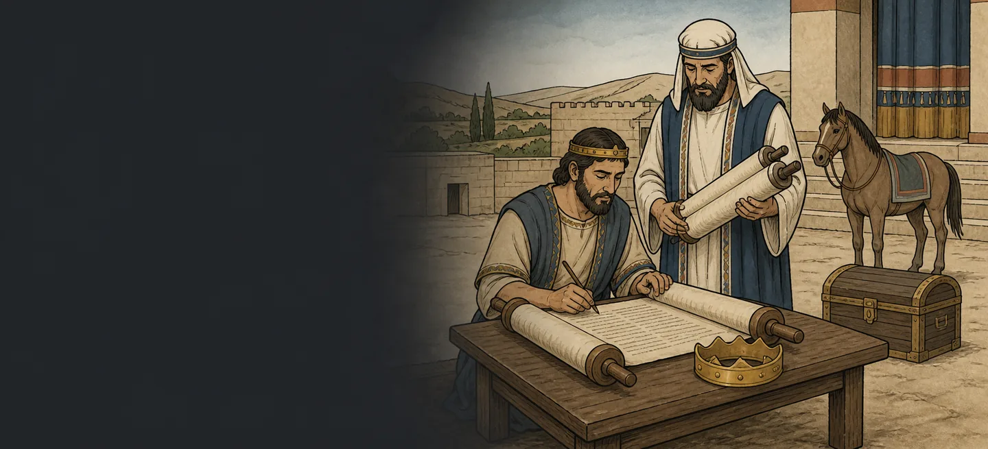 A crowned man copying a scroll with a stylus while a priest holds the text he is copying from, a gold circlet on the table and a saddled horse and strongbox behind.