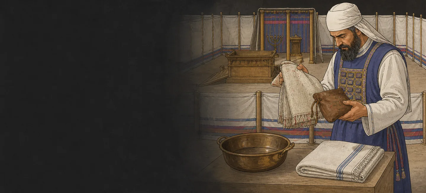 A priest holding a stained cloth up to the light to examine it in the tabernacle courtyard.