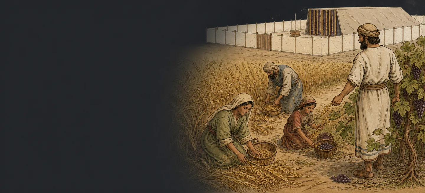 Reapers working a barley field beside the tabernacle while a man gestures to leave the corners standing.