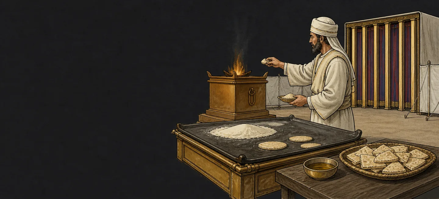 Priests eating unleavened bread in the courtyard, a handful of flour burning on the altar.