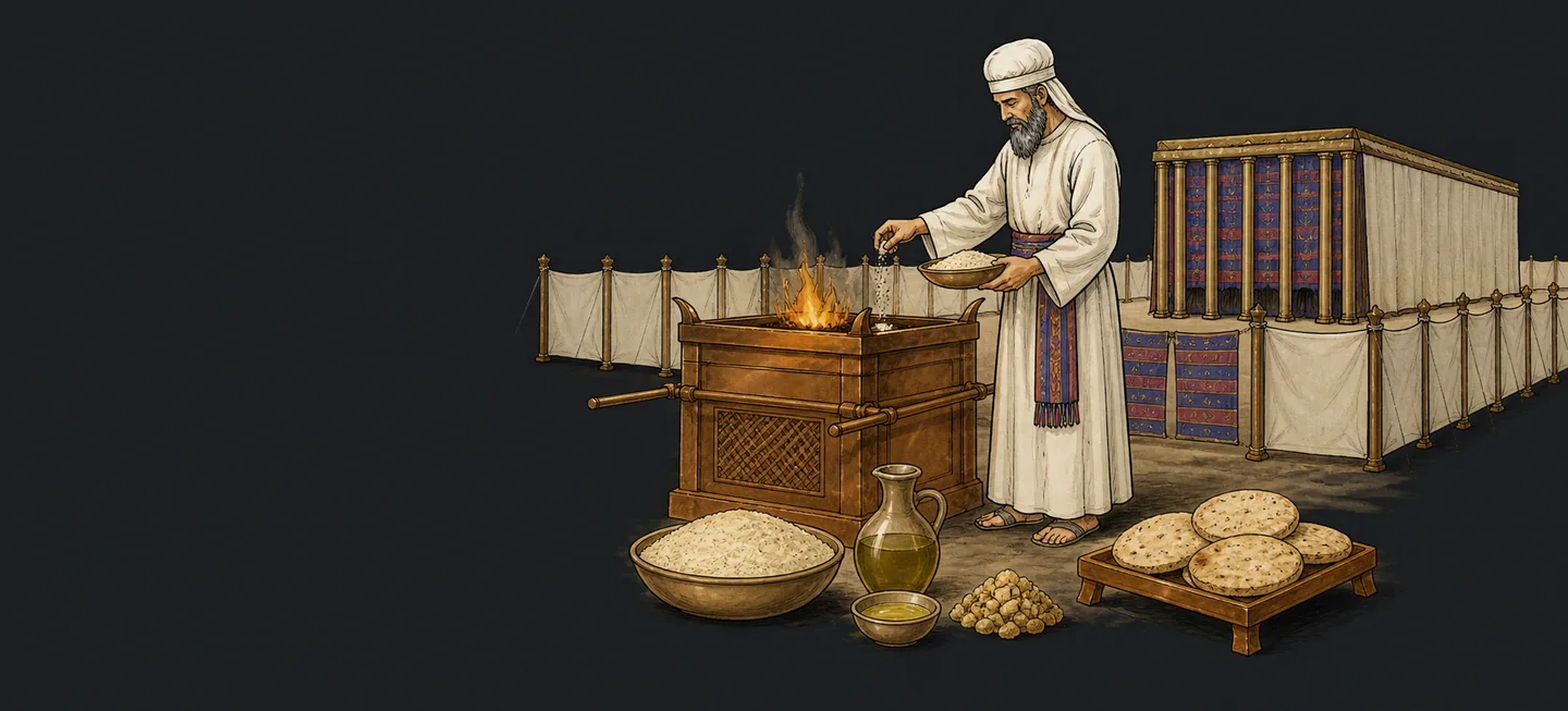 A priest at the bronze altar taking a handful from a bowl of flour, with oil, frankincense and baked loaves set out beside him.