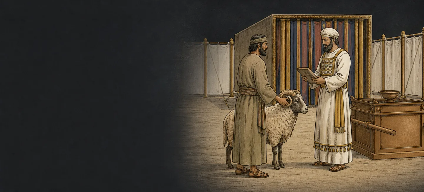 A man bringing a ram to a priest who holds a writing tablet in the tabernacle courtyard.