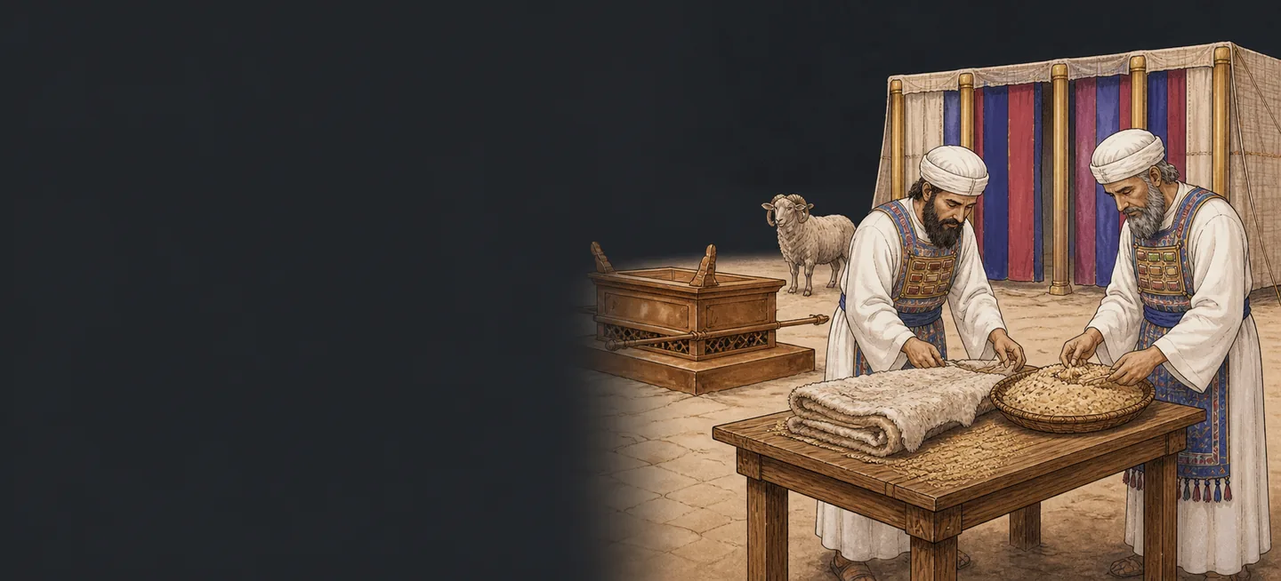 A priest receiving the portions of a guilt offering, the hide laid aside for him.