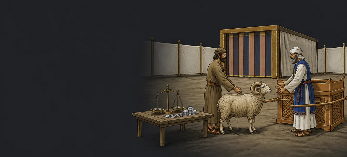 A man handing back silver and goods to his neighbour, a ram waiting at the altar beyond them.