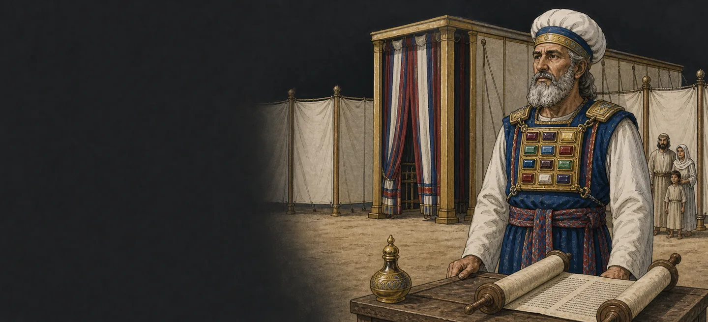 The high priest in his jewelled breastpiece standing before the tabernacle, a family watching from beyond the curtain.