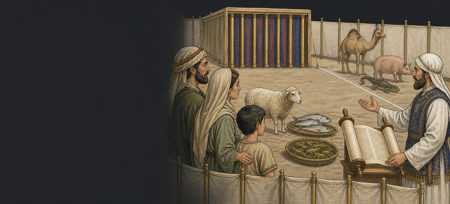 A priest gesturing across a line to a camel, a pig and a lizard, with a sheep and fish on the near side.