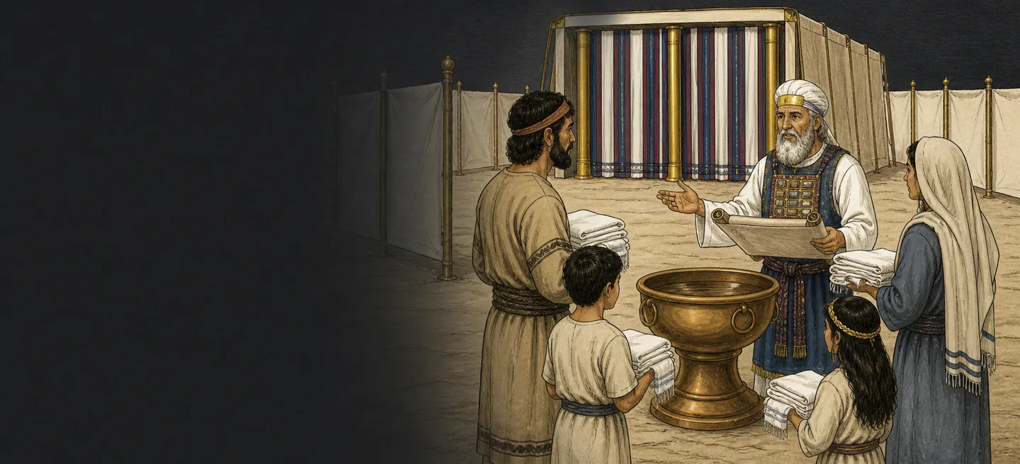 A priest reading from a scroll to a man and a woman in the tabernacle courtyard.