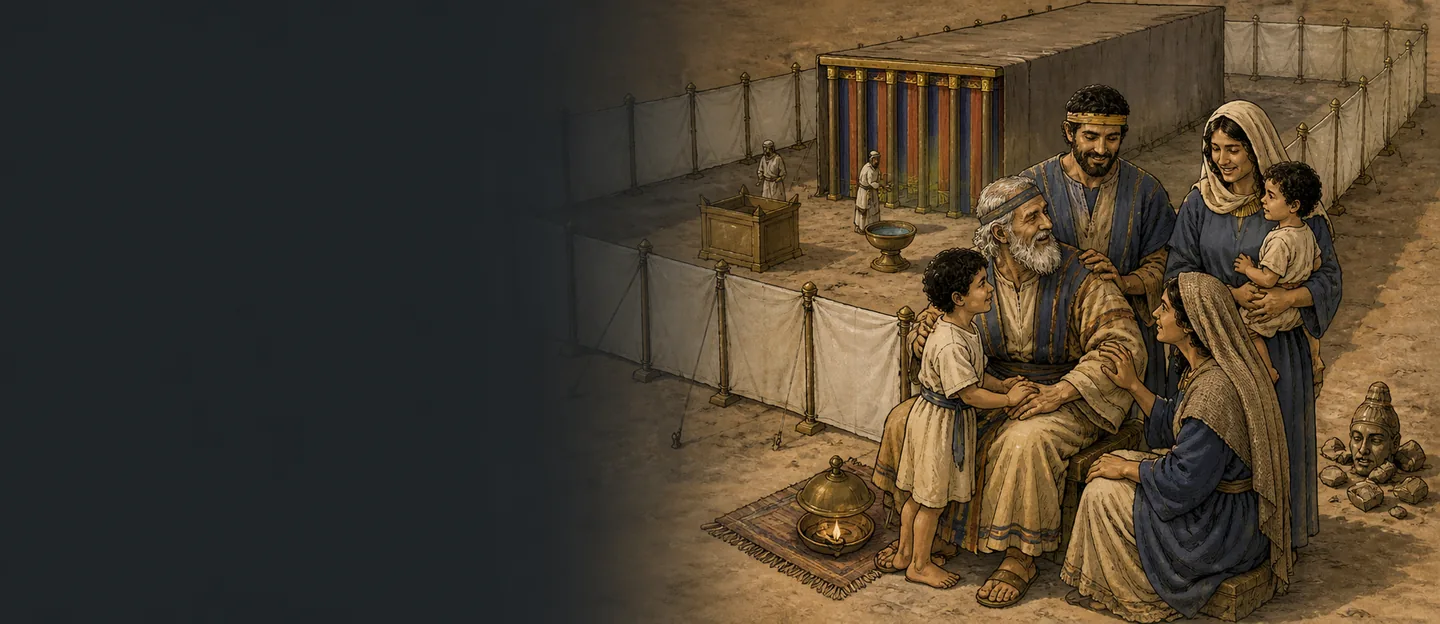 Three generations of one family gathered together outside the tabernacle courtyard.