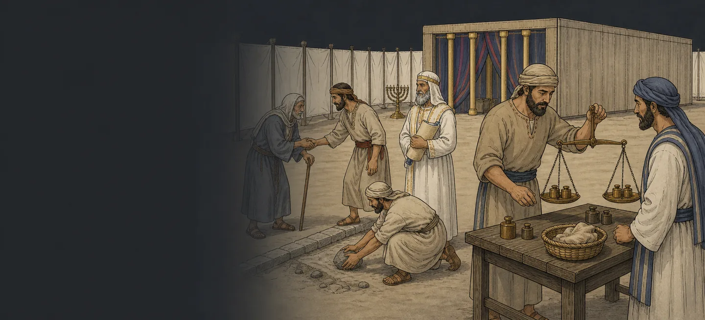 A man weighing goods on balance scales in front of the tabernacle while others trade nearby.