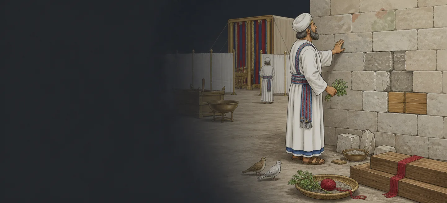 A priest laying a hand on the stained stones of a house wall, hyssop held in his other hand.