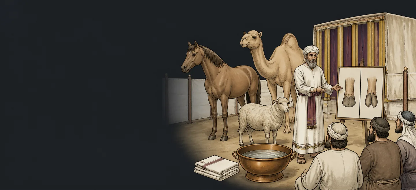 A priest beside a horse, a camel and a sheep, pointing at a chart of split and unsplit hooves.
