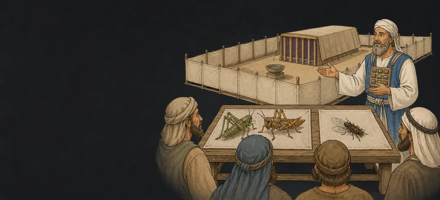 A priest at a table of illustrated locusts and crickets, teaching two listeners in the courtyard.