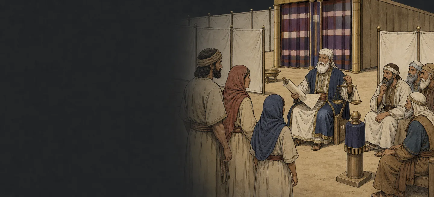 An elder holding a scroll and a pair of scales, seated among the people outside the tabernacle.