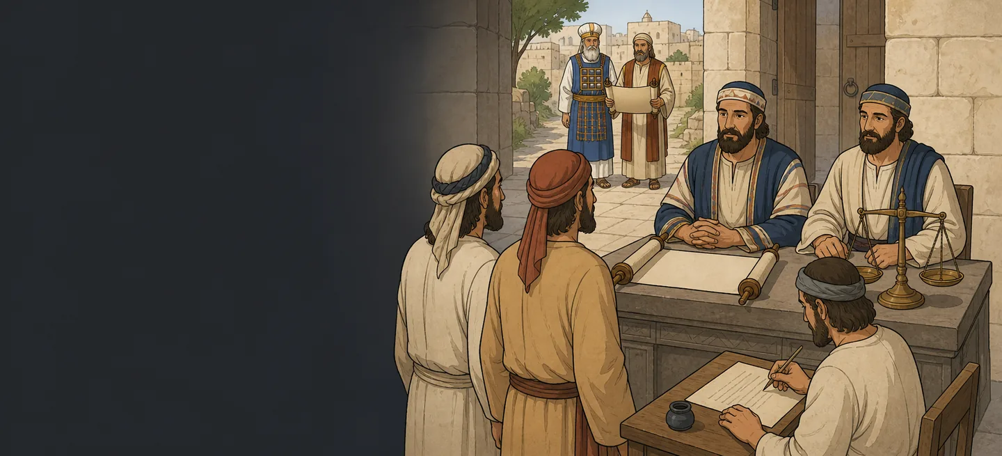 Two men standing before seated judges at a town gate, a scribe writing at a low table and a balance scale on the bench beside them.