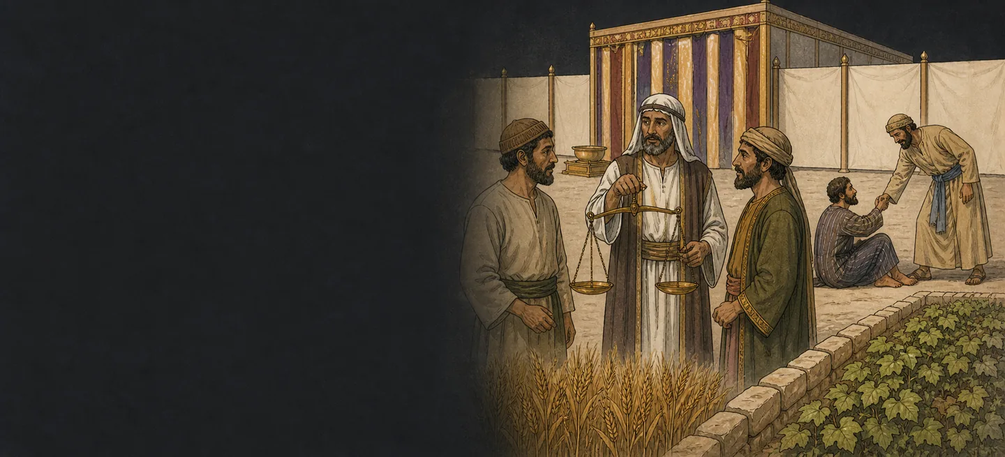 An elder holding a balance among a group of men outside the tabernacle, one of them raising a child to his feet.