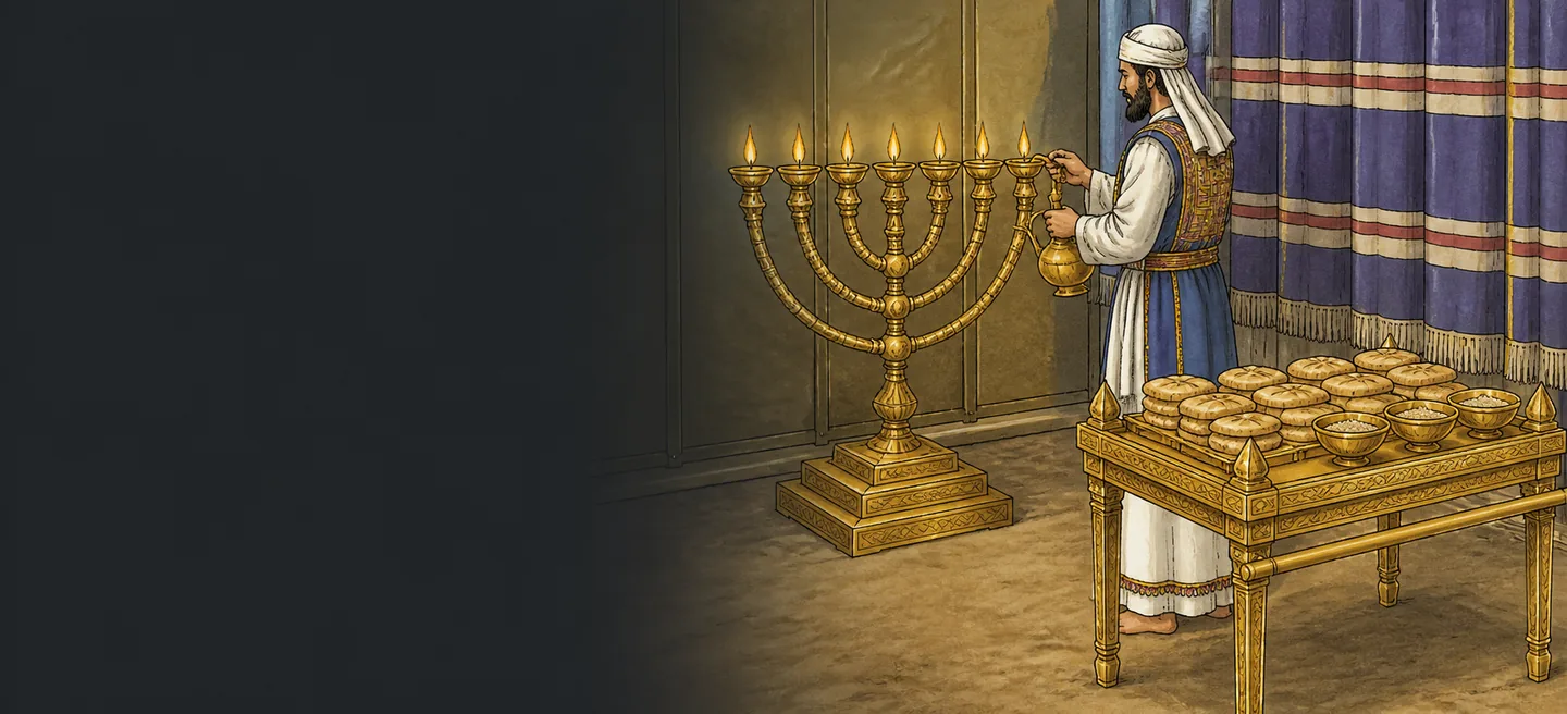 A priest filling the lamps of the golden lampstand from a small jar, loaves stacked beside the veil.