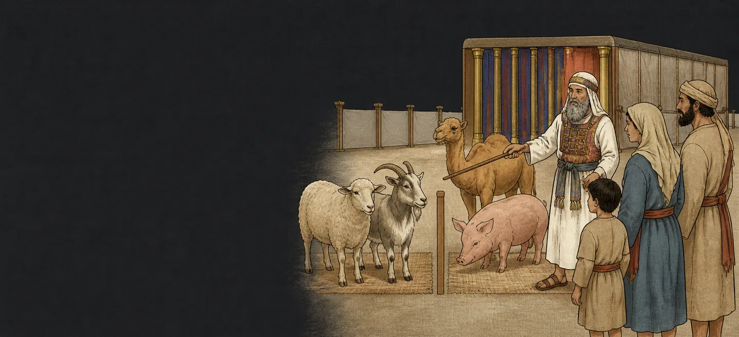A priest pointing with a staff at a camel, sheep, goat and pig gathered before a family outside the tabernacle.