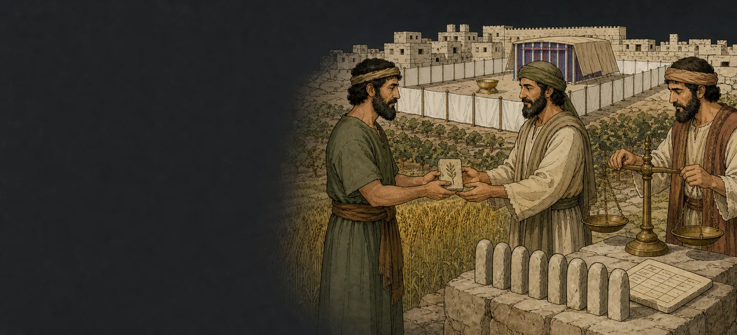 Three men settling a sale of land with a deed, terraced fields and a walled town behind them.