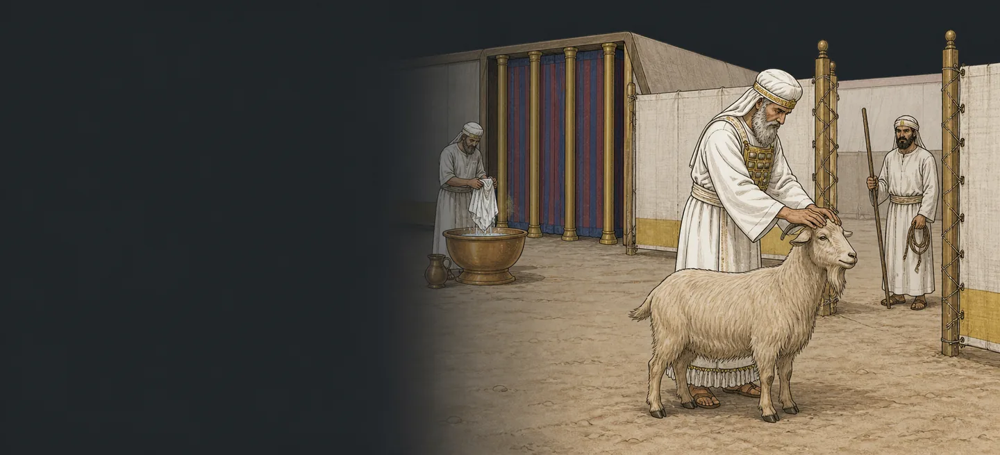 The high priest laying both hands on a goat’s head while a man stands waiting with a rope.