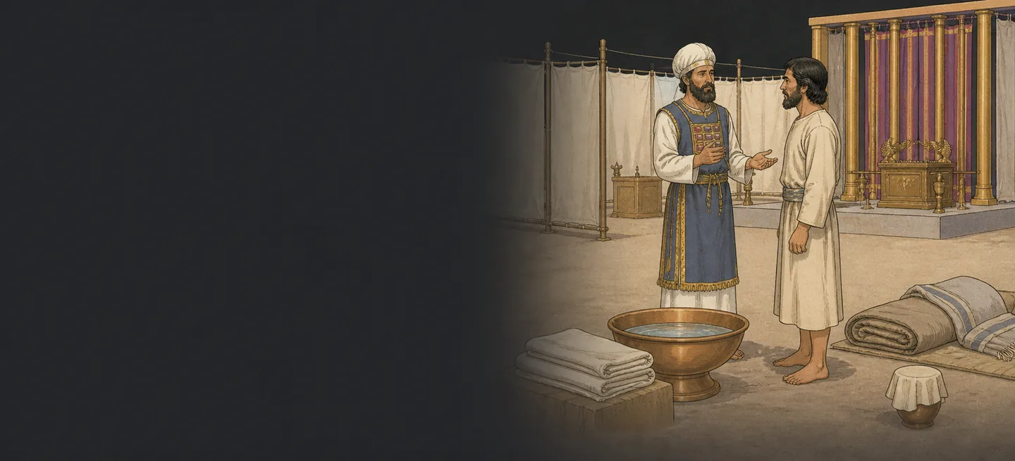 A priest speaking with a man in the tabernacle courtyard, the ark visible beyond the curtain.