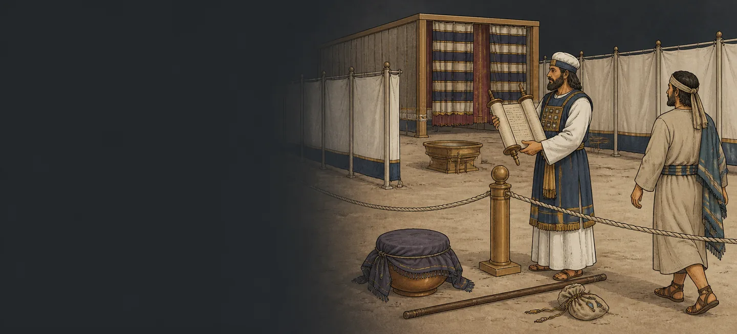 A priest holding an open scroll and speaking to a man in the tabernacle courtyard.