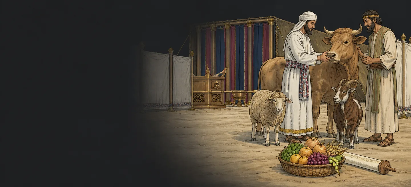 A priest examining the head of an ox brought by a herdsman, a sheep and a goat waiting beside them.